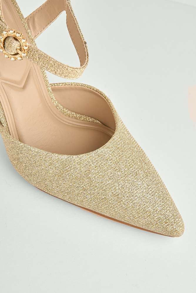 Desse Pointed Toe Shimmer Anklestrap Court Shoes in Gold Shimmer