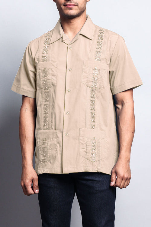 Men's Short Sleeve Cuban Style Guayabera Shirt (Beige)