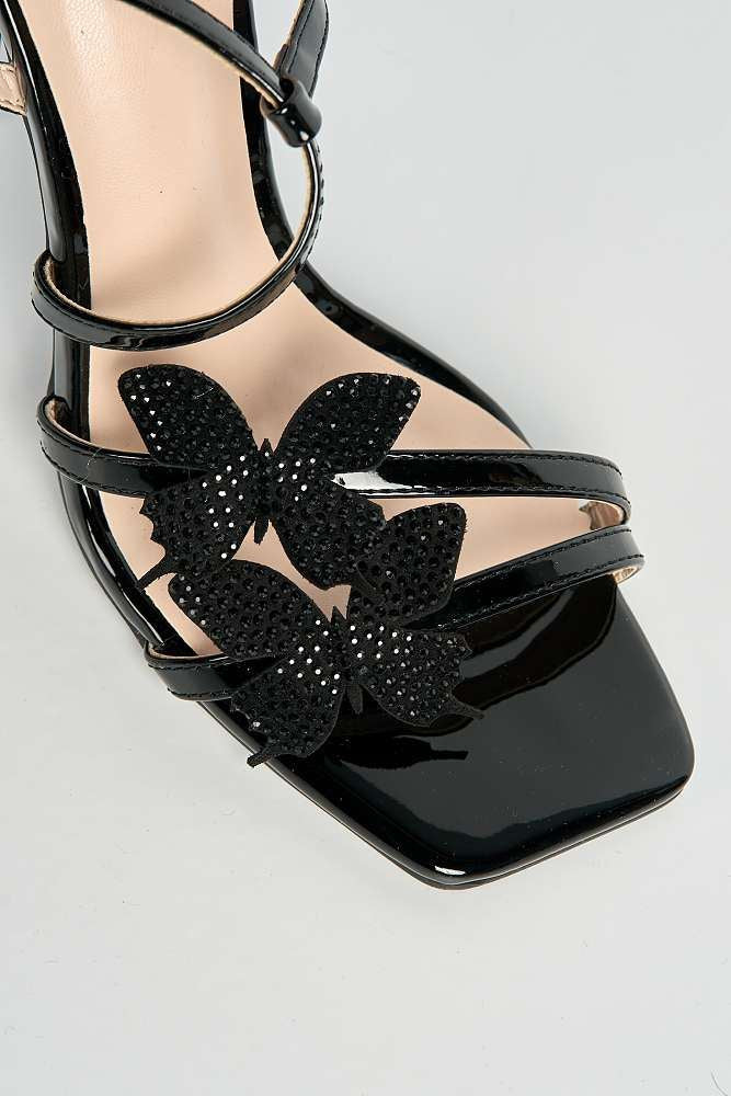 Demelza Flower Detail Diamante Embellished Heels in Black
