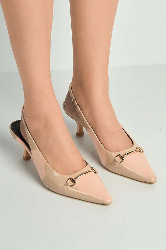 Ilana Horsebit Detail Pointed Toe Kitten Court Shoes in Nude