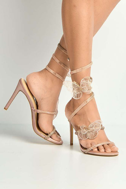 Loreli Flower Detail Diamante Heeled Sandals in Champagne