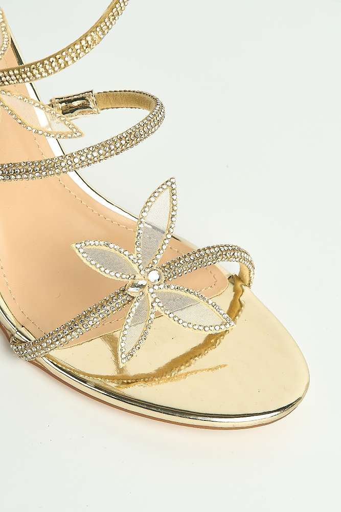 Toki Butterfly Detail Diamante Heeled Sandals in Gold Diamante