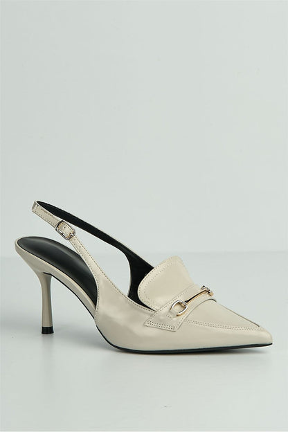 Anastasia Horsebit Detail Pointed Toe Anklestrap Court Shoes in Stone