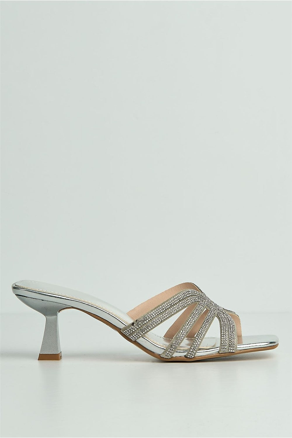 Blythe Diamante Strap Band Heeled Mules in Silver