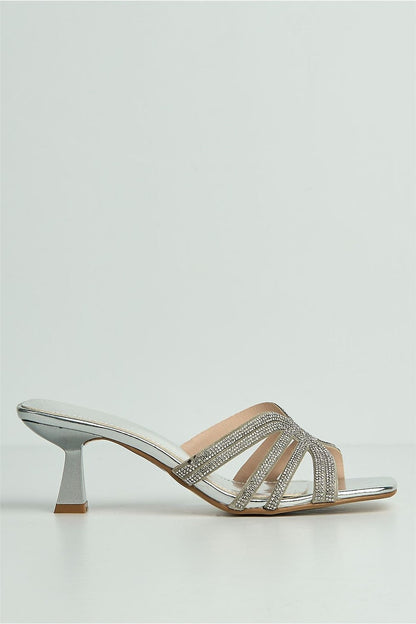 Blythe Diamante Strap Band Heeled Mules in Silver