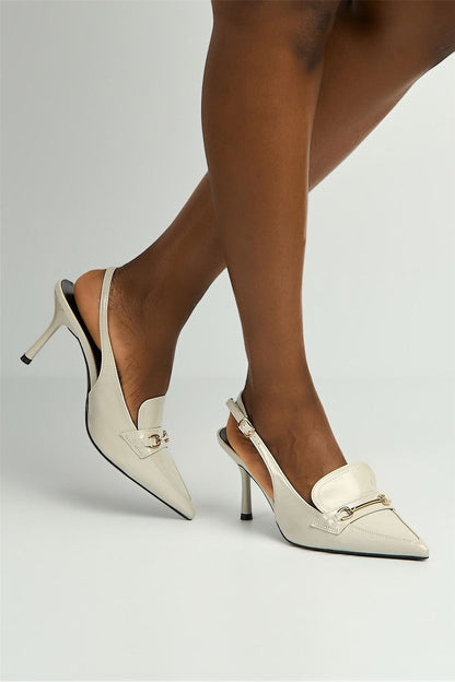 Anastasia Horsebit Detail Pointed Toe Anklestrap Court Shoes in Stone