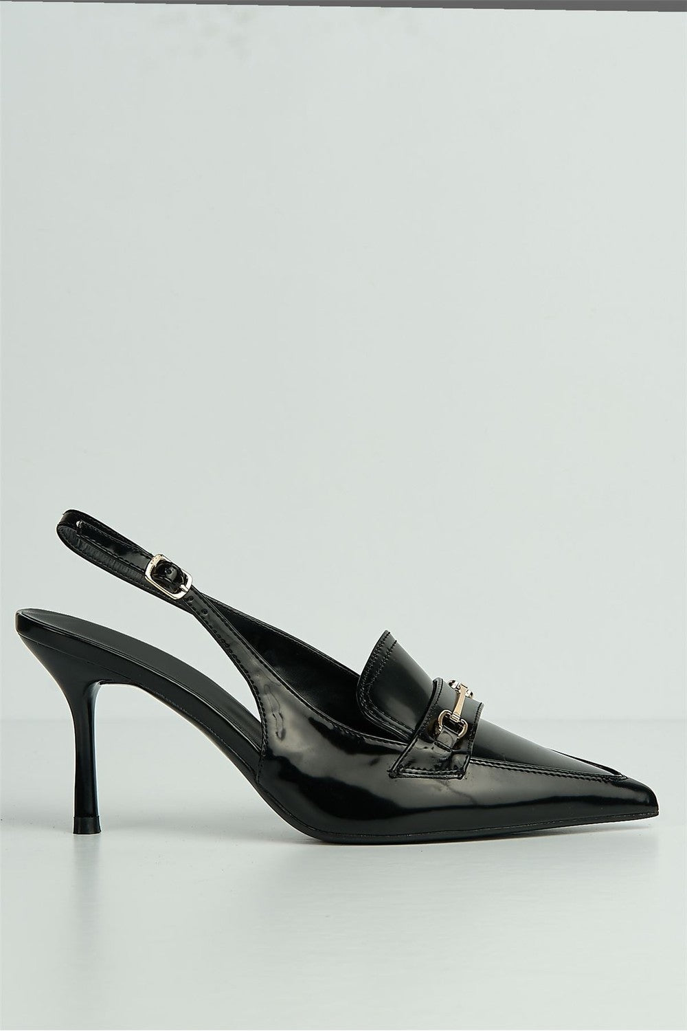 Anastasia Horsebit Detail Pointed Toe Anklestrap Court Shoes in Black