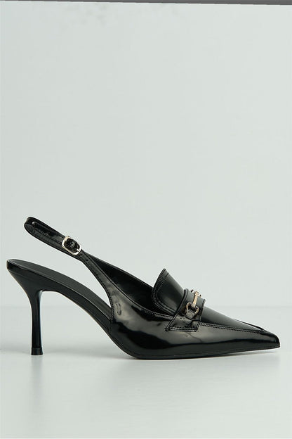 Anastasia Horsebit Detail Pointed Toe Anklestrap Court Shoes in Black