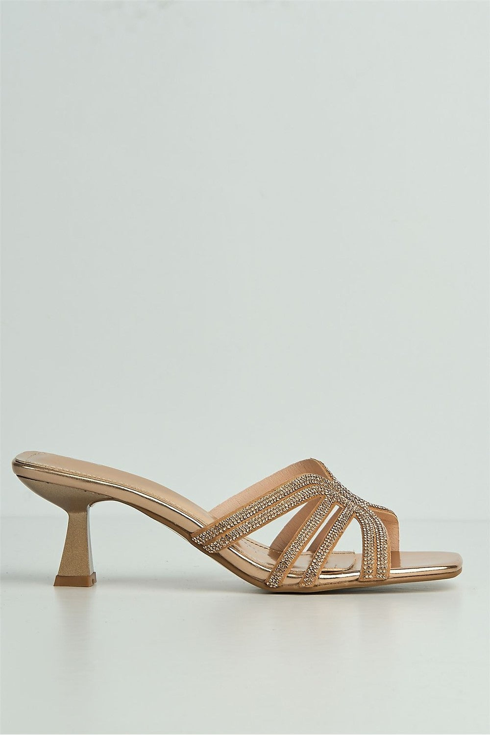 Blythe Diamante Strap Band Heeled Mules in Champagne