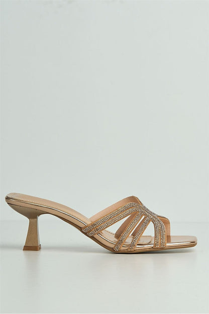 Blythe Diamante Strap Band Heeled Mules in Champagne