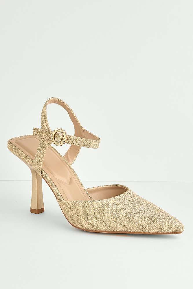 Desse Pointed Toe Shimmer Anklestrap Court Shoes in Gold Shimmer