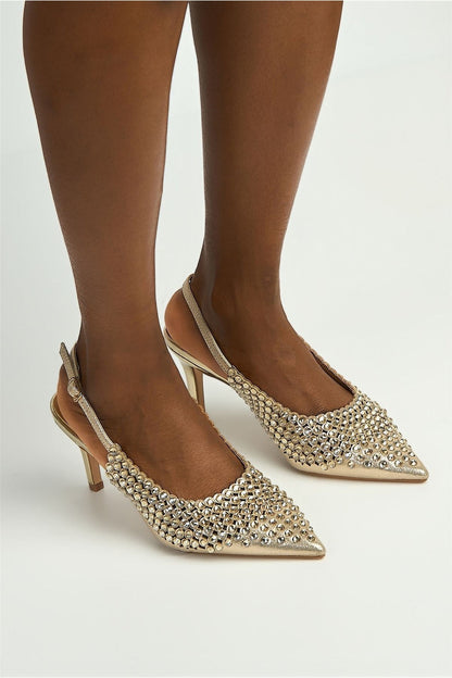 Seriea Mirror Encrusted Slingback Court Shoes in Gold