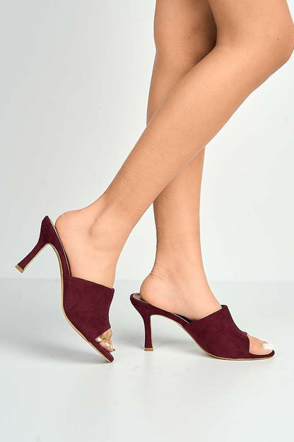 Giselle Peeptoe Plain Band Heeled Mules in Wine