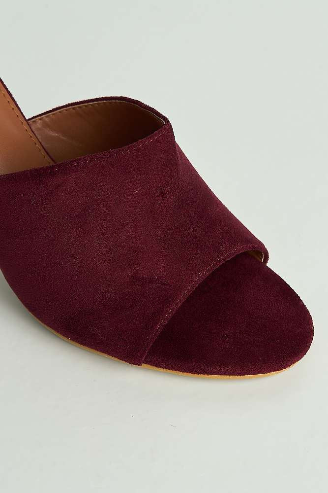 Giselle Peeptoe Plain Band Heeled Mules in Wine