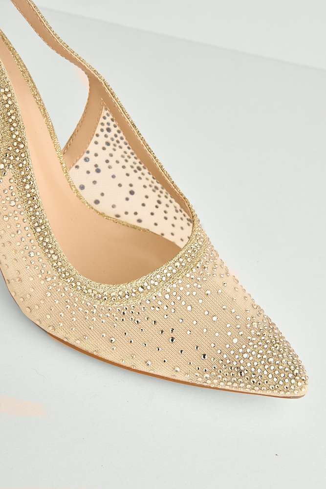 Aramina Gemstone Embellished Mesh Slingback Court Shoes in Gold