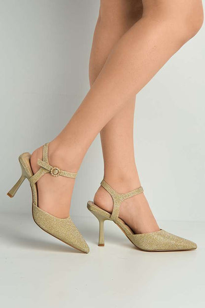 Desse Pointed Toe Shimmer Anklestrap Court Shoes in Gold Shimmer