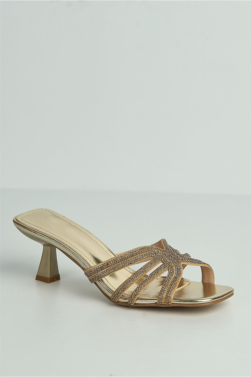 Blythe Diamante Strap Band Heeled Mules in Gold