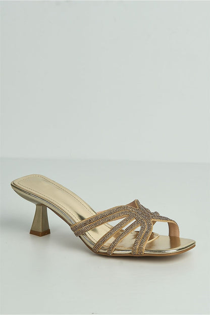 Blythe Diamante Strap Band Heeled Mules in Gold