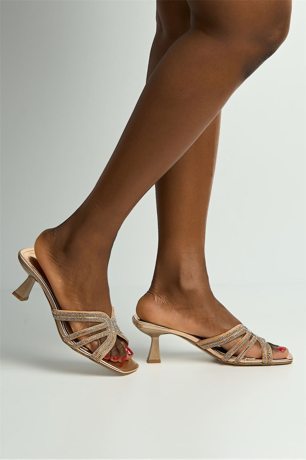 Blythe Diamante Strap Band Heeled Mules in Champagne