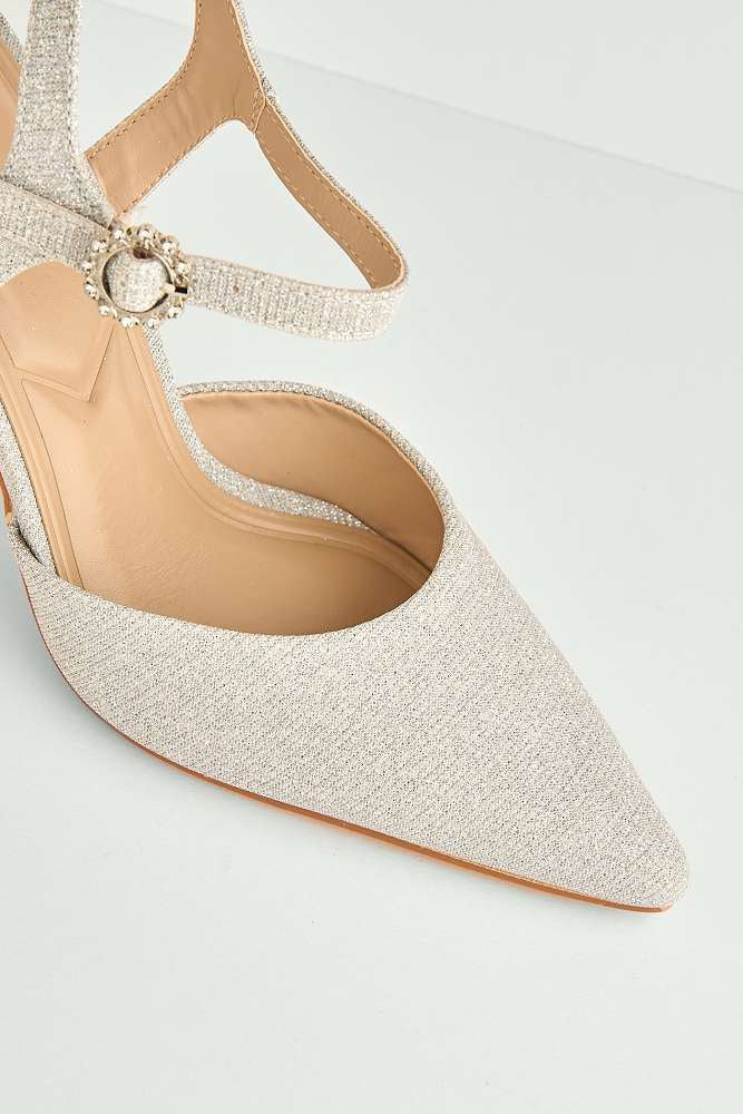 Desse Pointed Toe Shimmer Anklestrap Court Shoes in Silver Shimmer