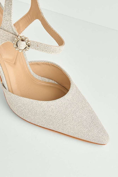 Desse Pointed Toe Shimmer Anklestrap Court Shoes in Silver Shimmer