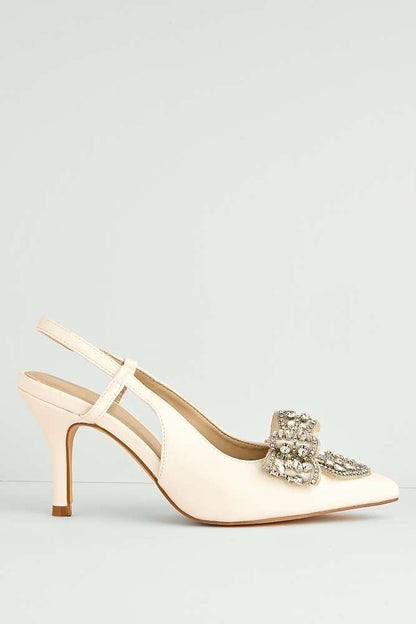 Celia Diamante Bow Pointed Toe Slingback Court Shoes in White