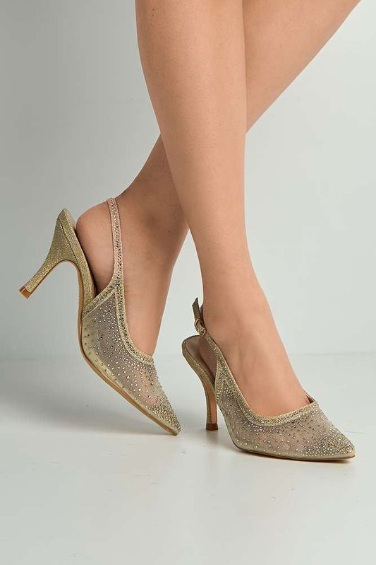 Aramina Gemstone Embellished Mesh Slingback Court Shoes in Gold