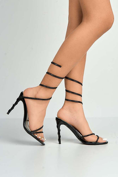 Curly Diamante Embellished Spiral Ankle Strap Sandals in Black Diamante