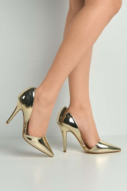 Milaya Cut-out Side Pointed Toe Court Shoes in Gold Metallic