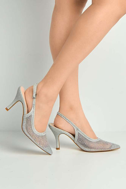Aramina Gemstone Embellished Mesh Slingback Court Shoes in Silver