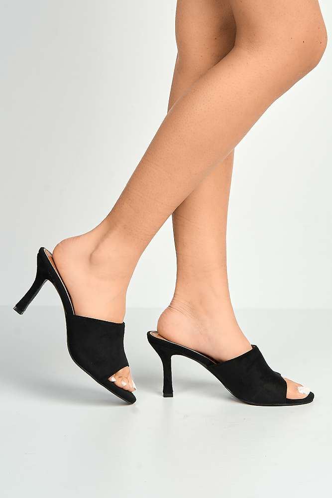 Giselle Peeptoe Plain Band Heeled Mules in Black Suede