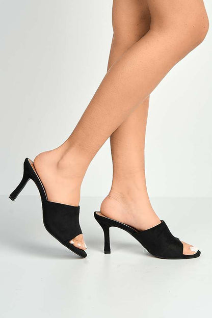 Giselle Peeptoe Plain Band Heeled Mules in Black Suede