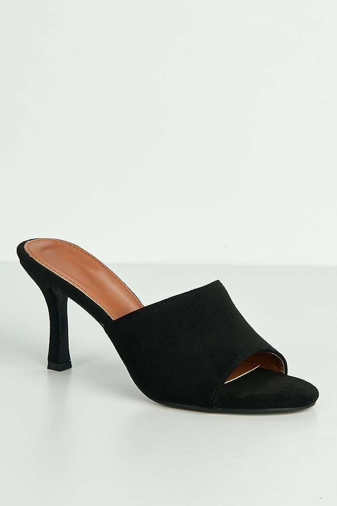 Giselle Peeptoe Plain Band Heeled Mules in Black Suede