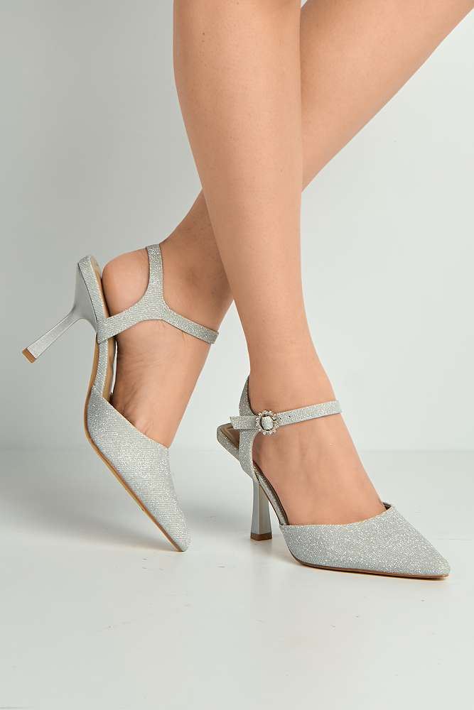Desse Pointed Toe Shimmer Anklestrap Court Shoes in Silver Shimmer