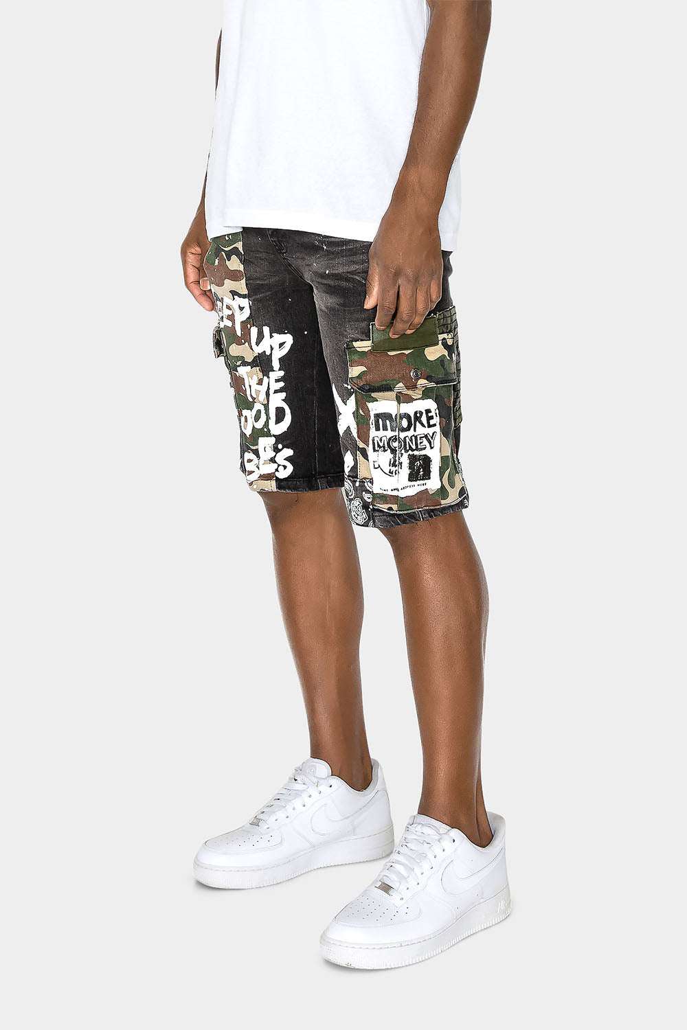 Graffiti Mixed Camo Cargo Denim Shorts