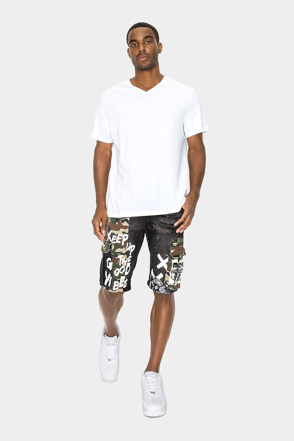 Graffiti Mixed Camo Cargo Denim Shorts