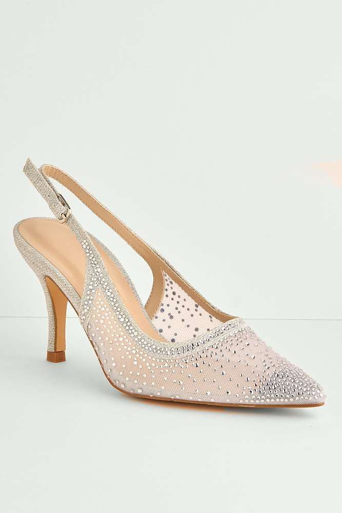 Aramina Gemstone Embellished Mesh Slingback Court Shoes in Silver