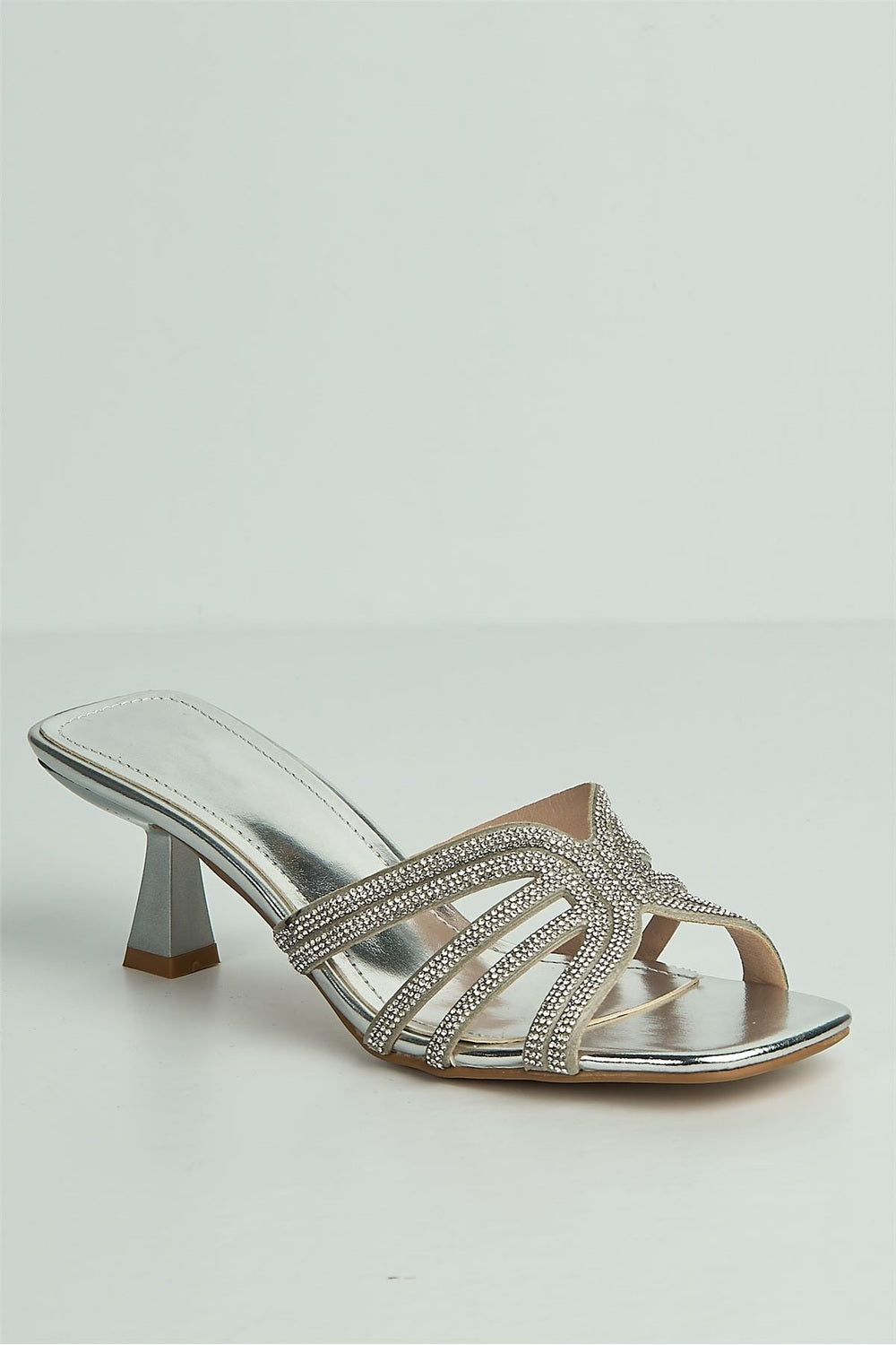 Blythe Diamante Strap Band Heeled Mules in Silver