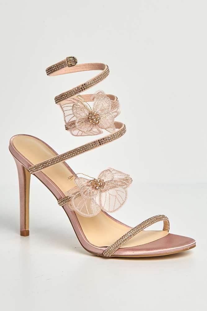 Loreli Flower Detail Diamante Heeled Sandals in Champagne