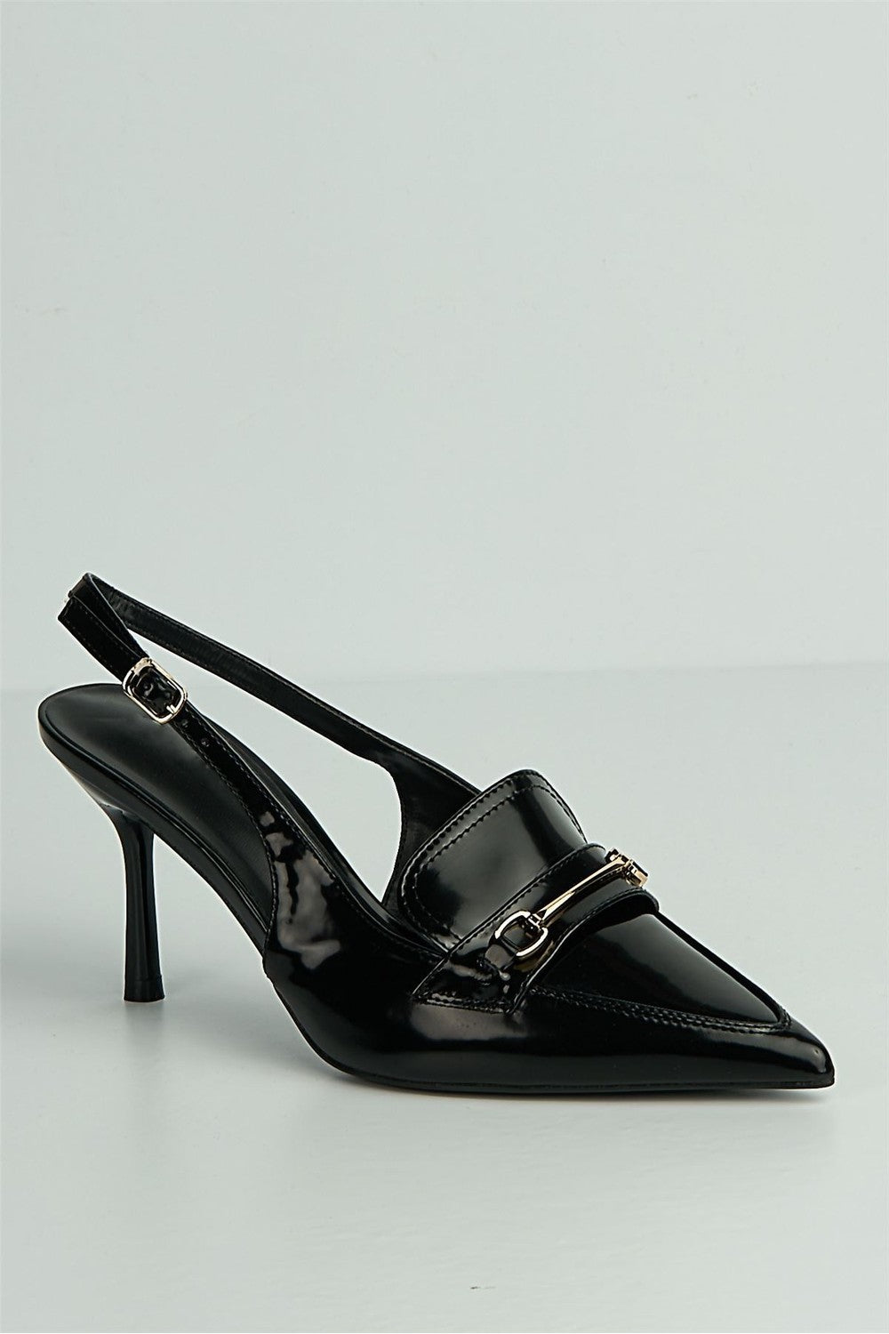 Anastasia Horsebit Detail Pointed Toe Anklestrap Court Shoes in Black