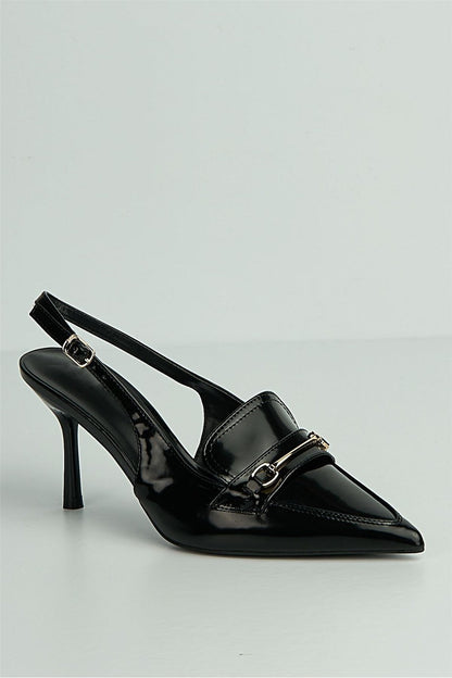 Anastasia Horsebit Detail Pointed Toe Anklestrap Court Shoes in Black