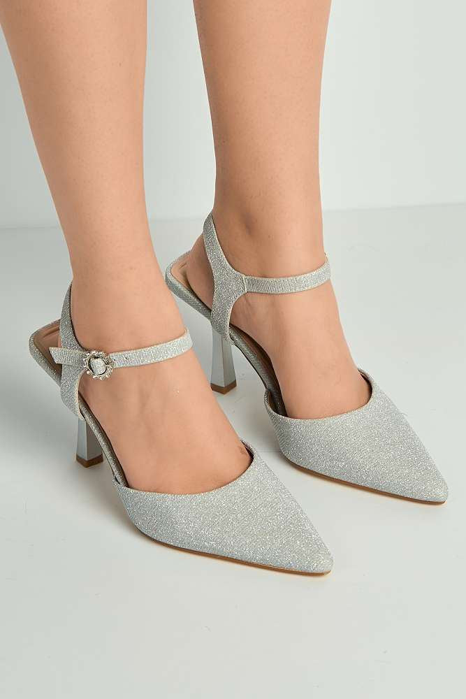 Desse Pointed Toe Shimmer Anklestrap Court Shoes in Silver Shimmer
