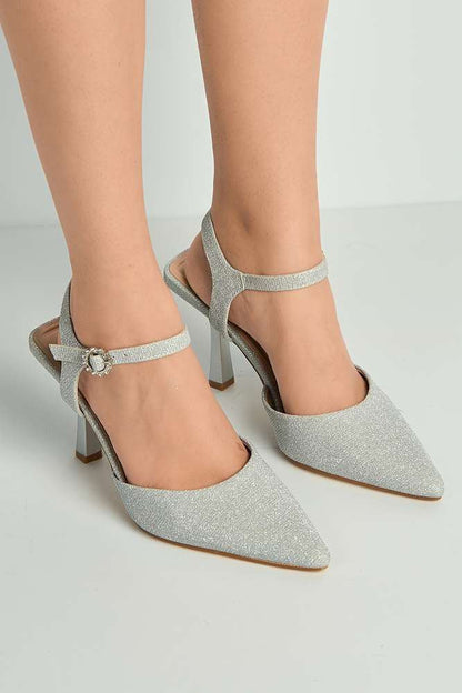 Desse Pointed Toe Shimmer Anklestrap Court Shoes in Silver Shimmer