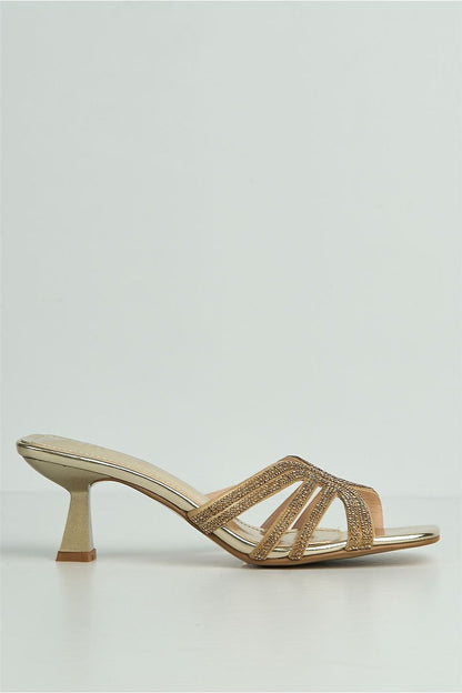 Blythe Diamante Strap Band Heeled Mules in Gold