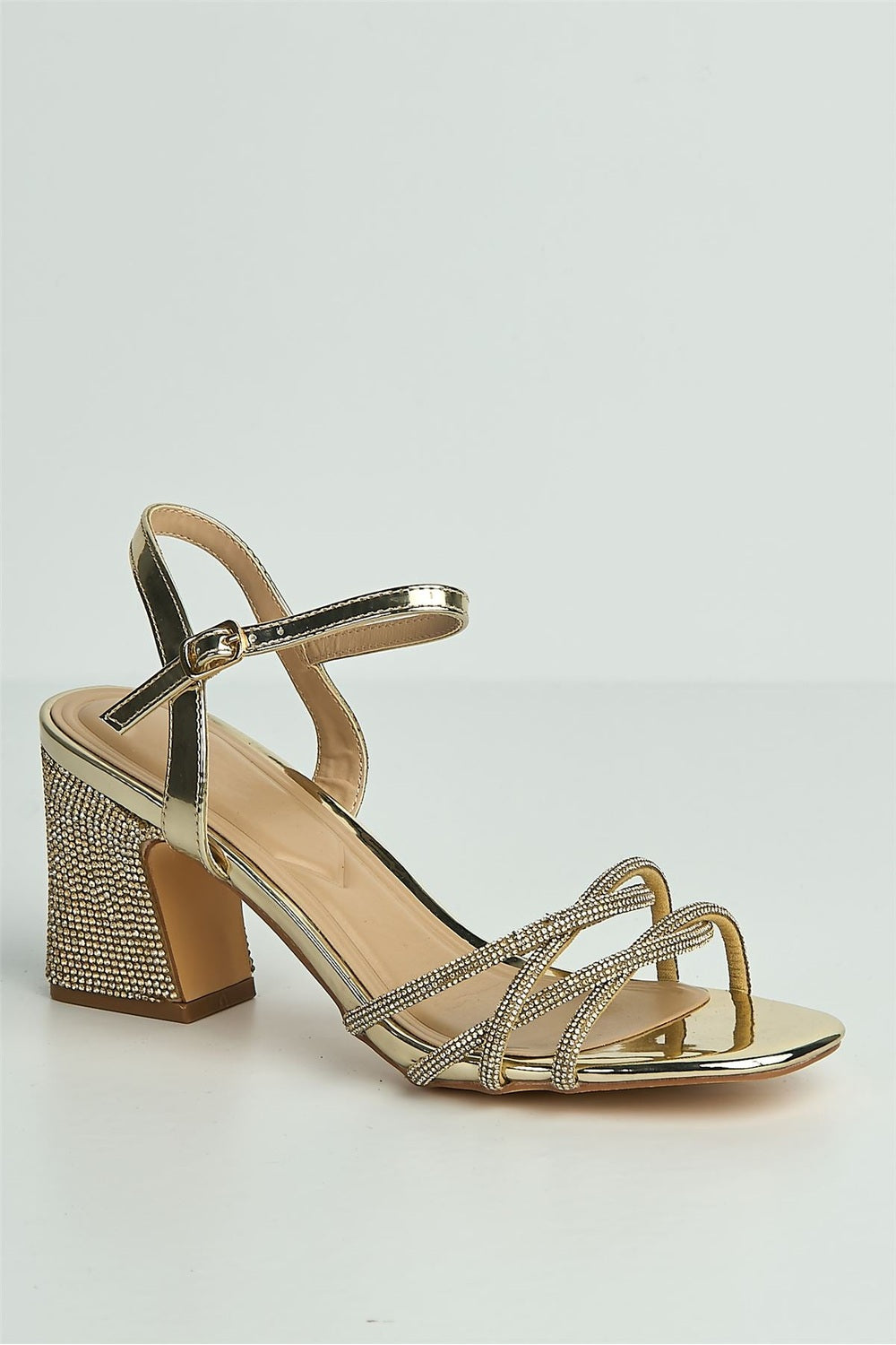 Valarie Diamante Strappy Block Anklestrap Heels in Gold