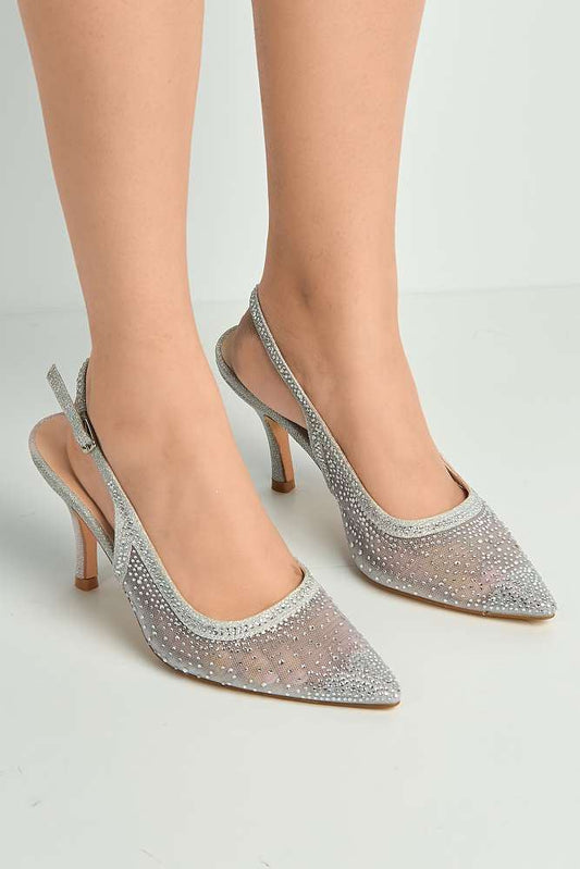 Aramina Gemstone Embellished Mesh Slingback Court Shoes in Silver