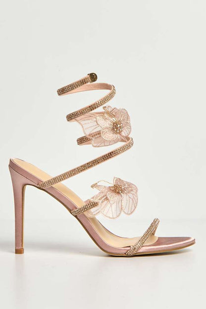 Loreli Flower Detail Diamante Heeled Sandals in Champagne