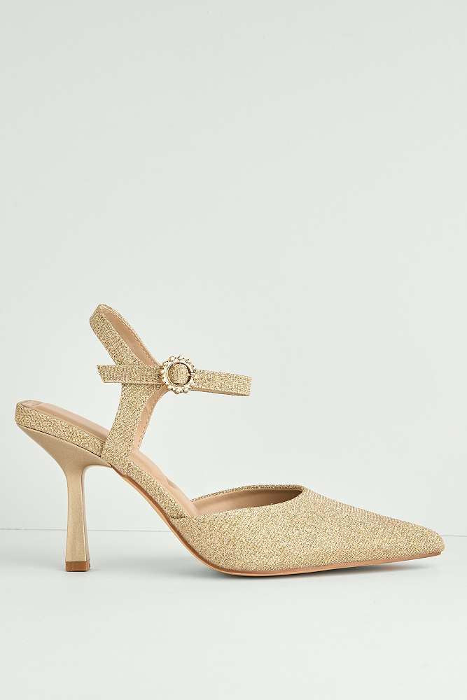 Desse Pointed Toe Shimmer Anklestrap Court Shoes in Gold Shimmer