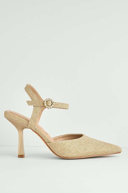 Desse Pointed Toe Shimmer Anklestrap Court Shoes in Gold Shimmer