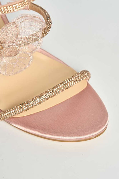 Loreli Flower Detail Diamante Heeled Sandals in Champagne